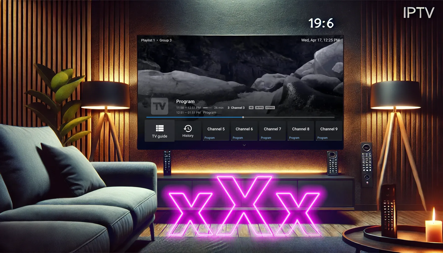 Adult IPTV streaming on Smart TV in dark living room